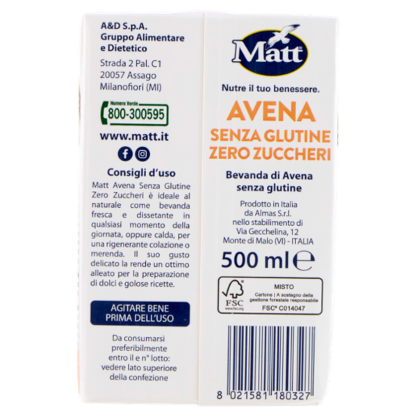 Matt Avena Senza Glutine Zero Zuccheri 500 ml