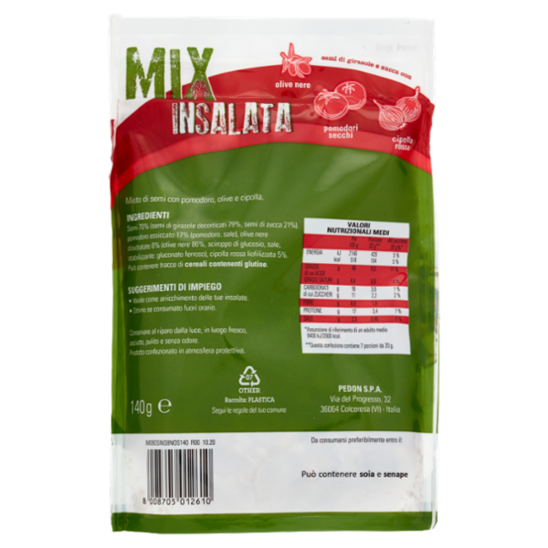 Mix Insalata semi di girasole e zucca con pomodori secchi, cipolla rossa, olive nere 140 g