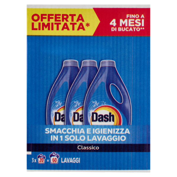 Dash Detersivo Liquido Lavatrice, Classico, 3x20=60 Lavaggi 3x900ml