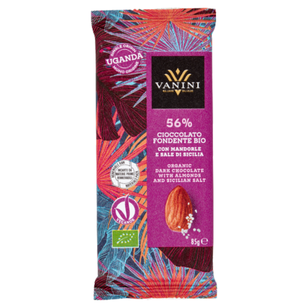 Vanini Mono Origine Uganda 56% Cioccolato Fondente Bio con Mandorle e Sale di Sicilia 85 g