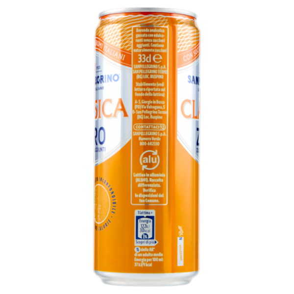 BIBITE SANPELLEGRINO, Bevande Gassate, Classica Zero, Lattina 33cl