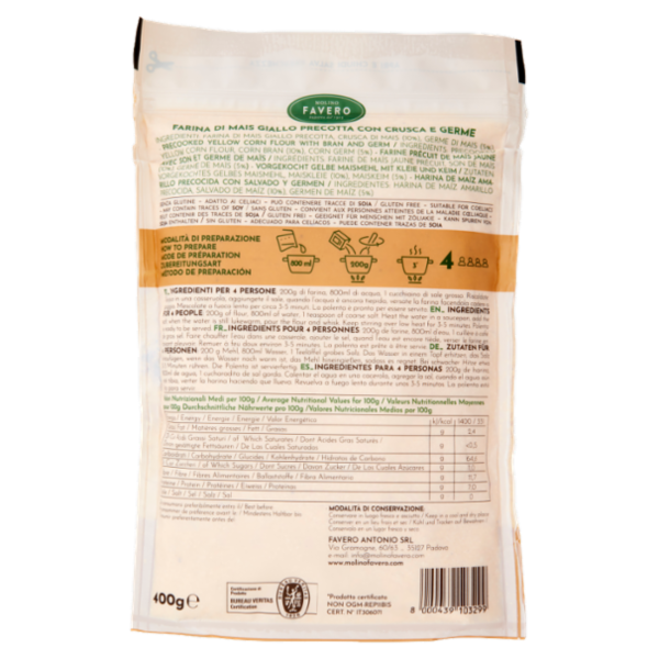 Molino Favero Polenta Istantanea Integra Farina di Mais Giallo con Crusca e Germe 400 g