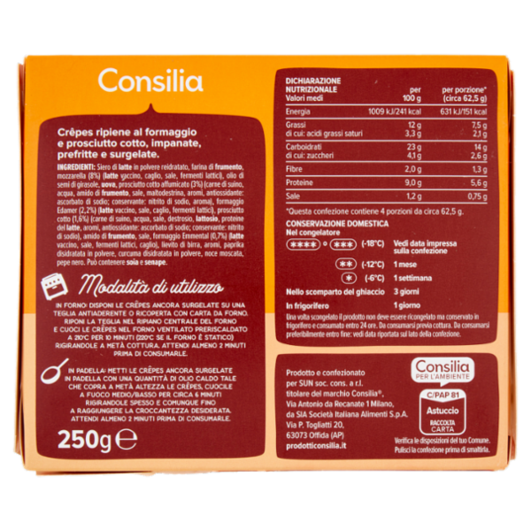 Consilia Crêpes Surgelate Prosciutto Cotto e Mozzarella 4 pezzi 250 g
