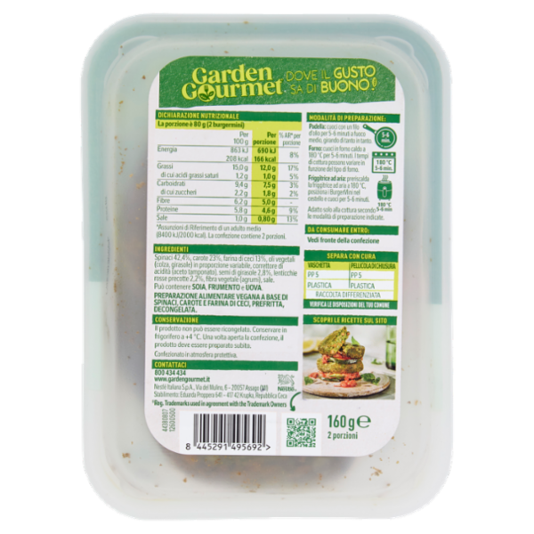 GARDEN GOURMET Burger Mini Vegano di Spinaci e Carote 4 pezzi 160g