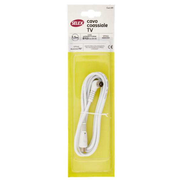 Selex Cavo Tv Spina Assiale + Spina a 90° maschio-maschio, diametro 9,5 mm Bianco 1,5 m