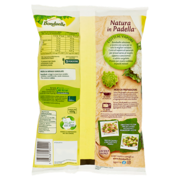 Bonduelle Natura in Padella Tris di cavoli cavolfiore, broccoli e romanesco Surgelato 450 g