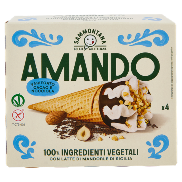 Sammontana Amando 4 Coni Gelato alla Vaniglia, Variegato al Cacao e Nocciola 4 x 75 g