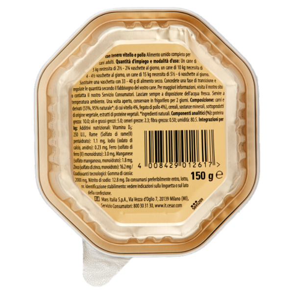 Cesar Ricette Classiche Cibo Umido Cane in Vaschetta con Tenero Vitello e Pollo 150 g