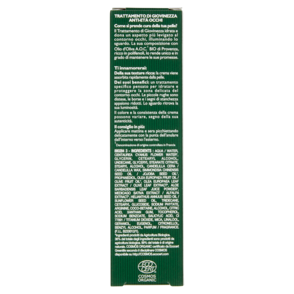 Tesori di Provenza Contorno Occhi Anti-età, con Olio d'Oliva Biologico, Ricco in Polifenoli, 15 ml