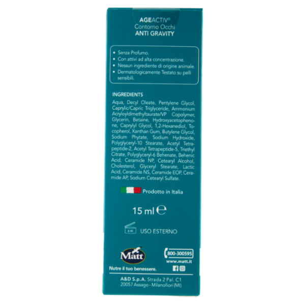 Matt Age Activ Anti Gravity Contorno Occhi Rughe, Borse e Occhiaie Peptide Bioattivo Ceramidi 15 ml