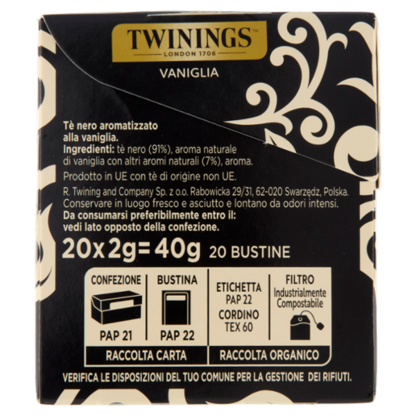 Twinings Vaniglia Tè Nero aromatizzato 20 filtri The 40 g