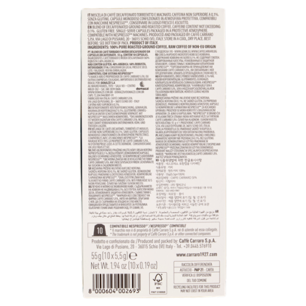 Carraro Decaffeinato Aluminium Coffee Capsules 10 x 5,5 g