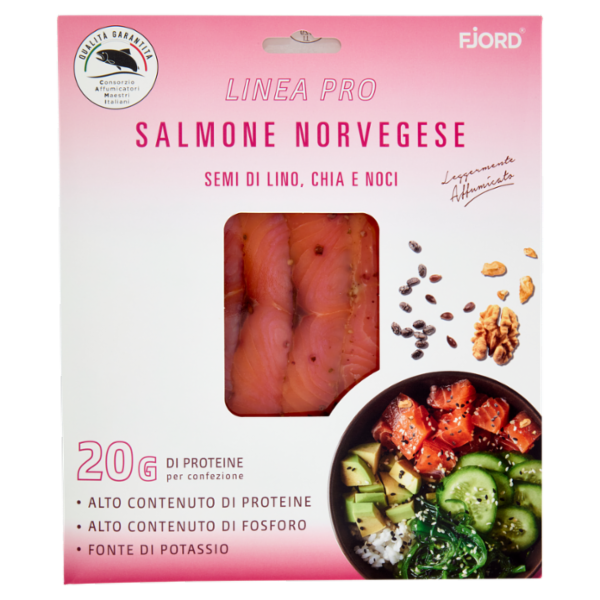 Fjord Linea Pro Salmone Norvegese Semi di Lino, Chia e Noci Leggermente Affumicato 0,080 Kg