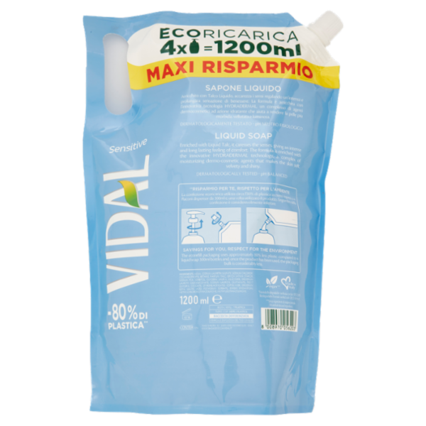 Vidal Sensitive Sapone Liquido Talco Liquido Ecoricarica 1200 ml