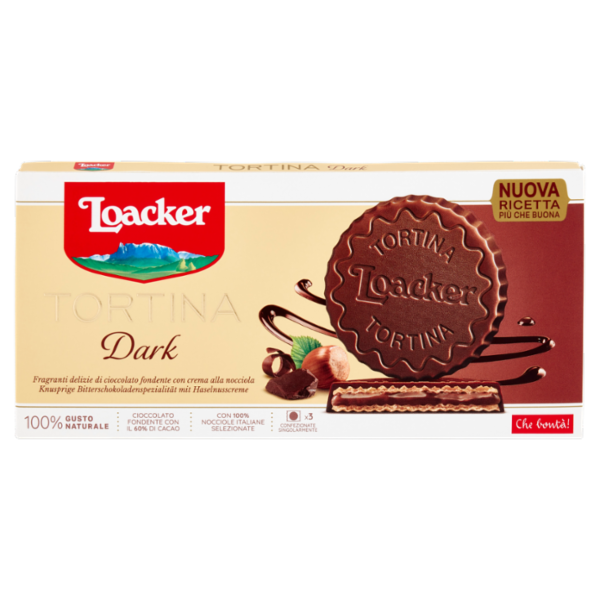 Loacker Tortina Dark Wafer ricoperto di cioccolato fondente con crema nocciole 100% italiane 3x21g