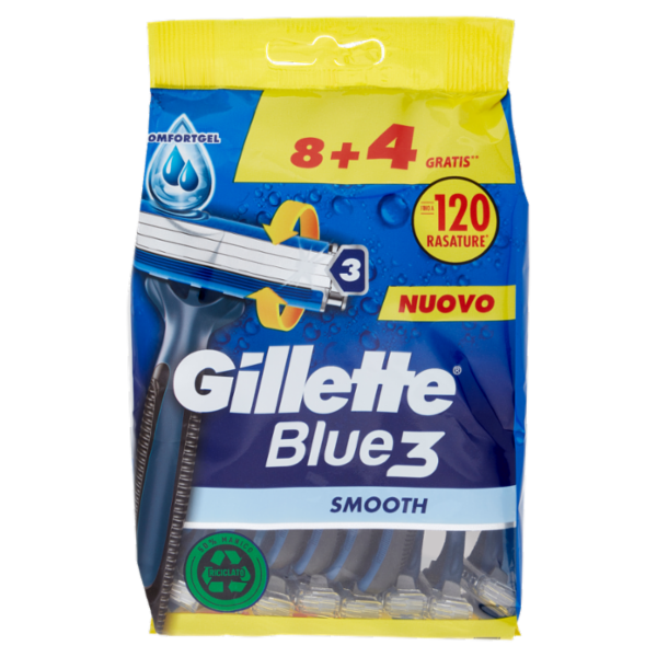 Gillette Rasoio Uomo Blue3 Smooth Usa e Getta a 3 Lame, Confezione da 8 rasoi + 4 Gratis = 12 Rasoi