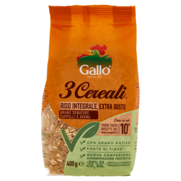 Gallo 3 Cereali Riso Integrale, Extra Gusto Grano Senatore Cappelli e Avena 400 g