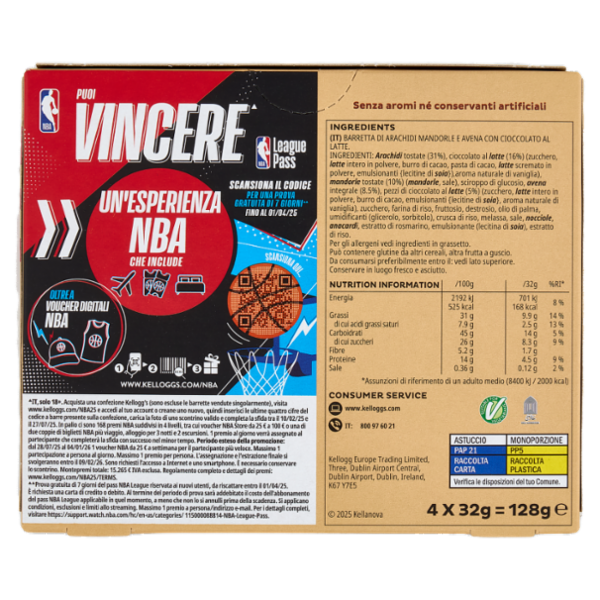 Kellogg's Barretta Mandorle e Cioccolato al latte 4 x 32 g