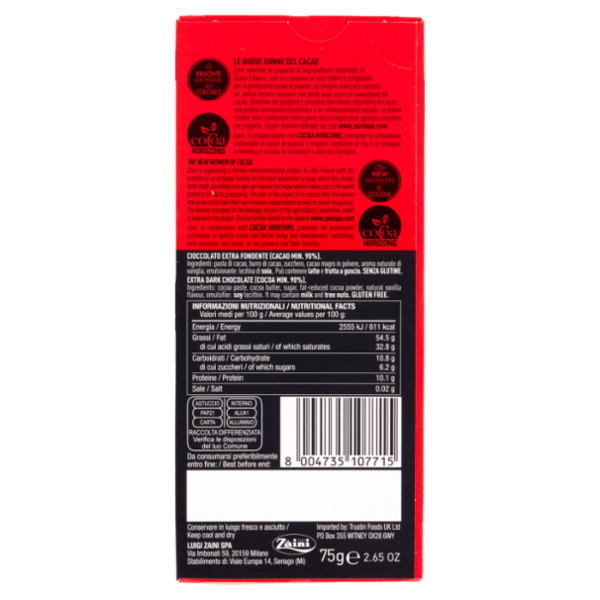 Zàini Le Nuove Donne del Cacao Cioccolato Fondente Extra 90% Cacao 75 g