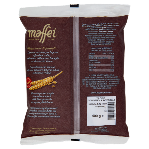 maffei Pasta Fresca di Semola di Grano Duro Trofie con Semola Integrale 400 g