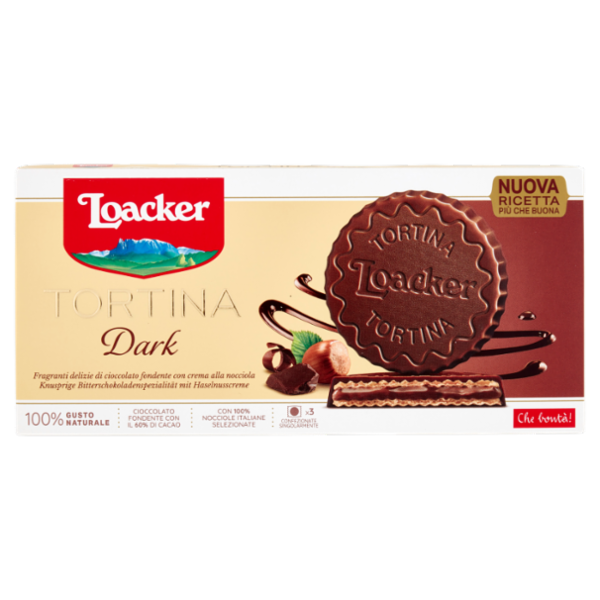 Loacker Tortina Dark Wafer ricoperto di cioccolato fondente con crema nocciole 100% italiane 3x21g