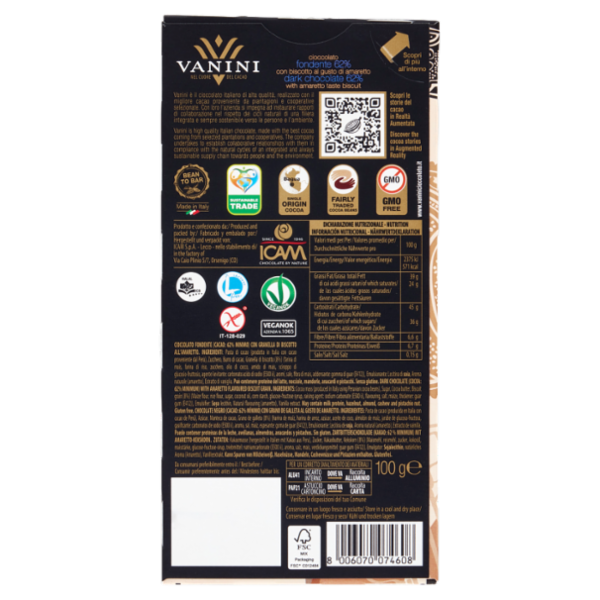 Vanini fondente 62% con biscotto al gusto di amaretto 100 g