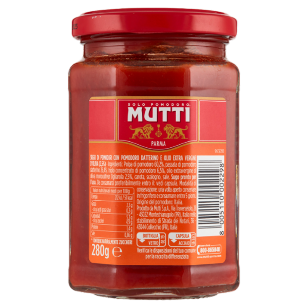 Mutti Sugo con Pomodoro Datterino e con Olio Extravergine di Oliva da Moonocultivar Ogliarola 280 g