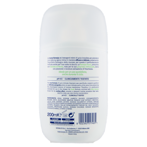 Lycia detergente intimo formula fresca pH 4.5 con Estratto di Menta 200 ml
