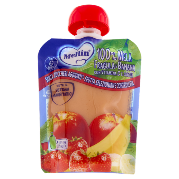 MELLIN Merenda di Frutta 100% con Carota e Vit C, Mela Fragola e Banana, dal 6° mese, Pouch 90 g