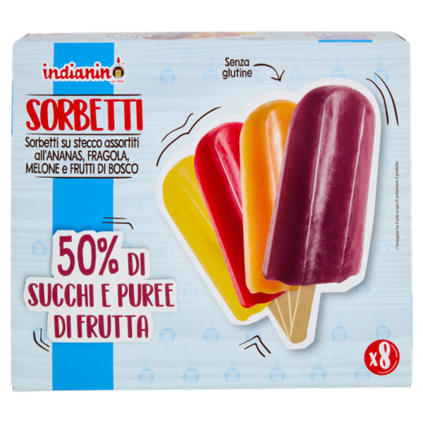 indianino Sorbetti su stecco assortiti all'Ananas, Fragola, Melone e Frutti di Bosco 8 x 70 g
