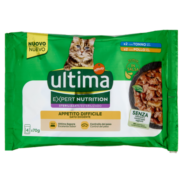 ultima Expert Nutrition Cat Sterilizzati Appetito Difficile con Tonno, con Pollo in Salsa 4 x 70 g