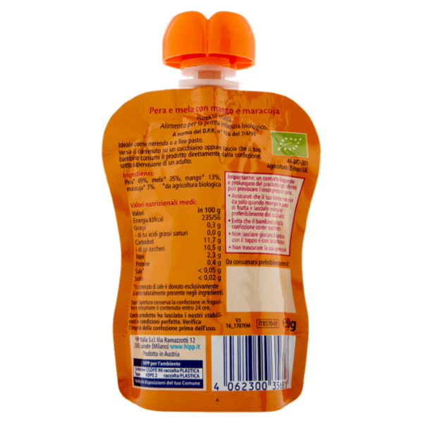 HiPP Biologico Frutta Frullata Pera e mela con mango e maracuja 90 g