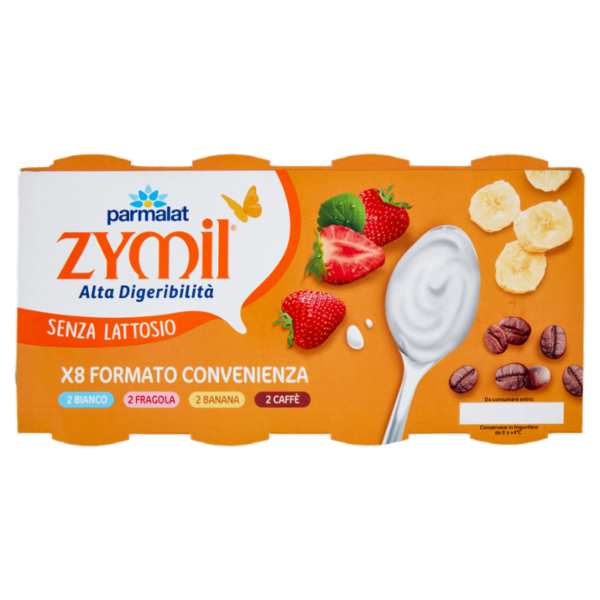 ZYMIL Alta Digeribilità Senza Lattosio Yogurt 2 Bianco, 2 Fragola, 2 Banana, 2 Caffè 8 x 125 g