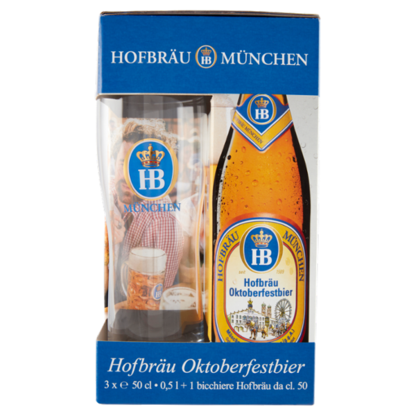 Hofbräu München Hofbräu Oktoberfestbier 3 x 0,5 l + 1 bicchiere Hofbräu da cl. 50