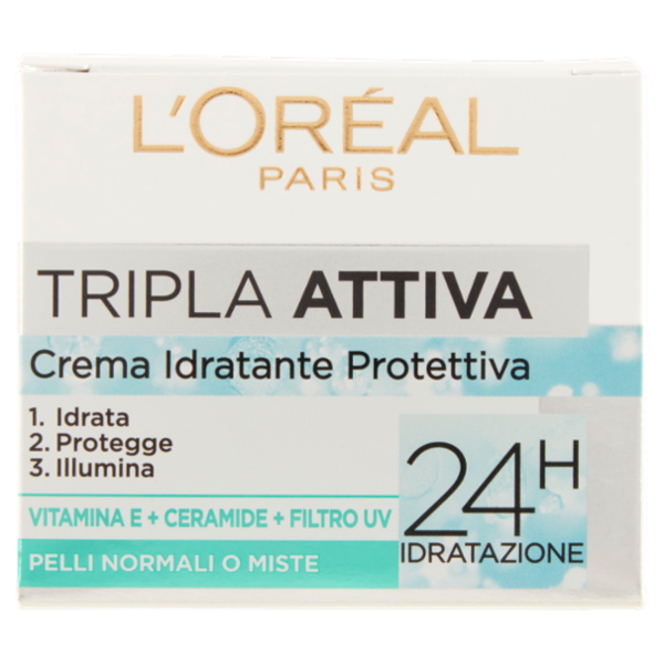 L'Oréal Paris Tripla Attiva Crema Idratante Viso, per Pelli Normali e Miste, 50 ml