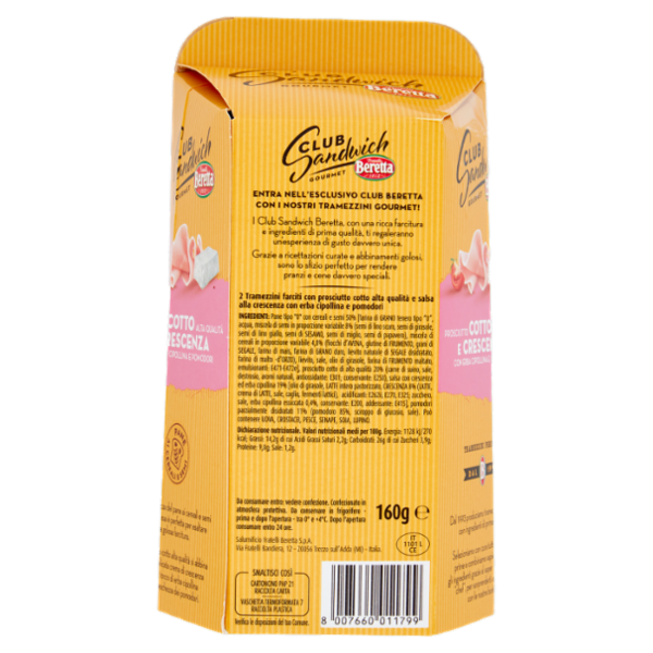 Fratelli Beretta Club Sandwich Gourmet Prosciutto Cotto Alta Qualità e Crescenza 160 g