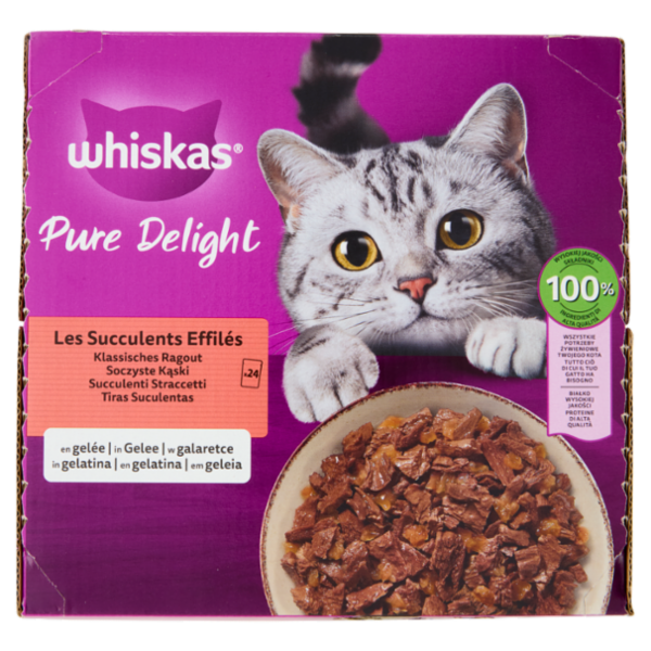 Whiskas Pure Delight Succulenti Straccetti in Gelatina con Manzo, Pollo, Pollame, Agnello 24x85g