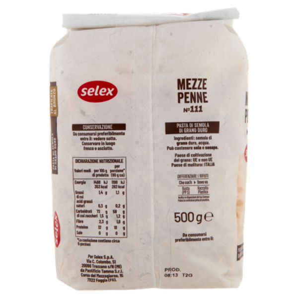 Selex Pasta di Semola Trafilata al Bronzo Mezze Penne 500 g