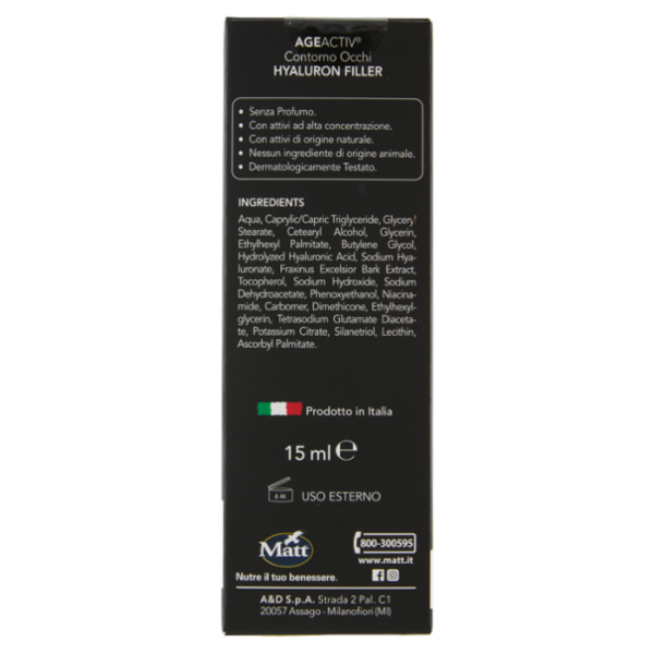 Matt Age Activ Hyaluron Filler Contorno Occhi Rughe, Borse e Occhiaie Acido Ialuronico Puro 3P 15 ml