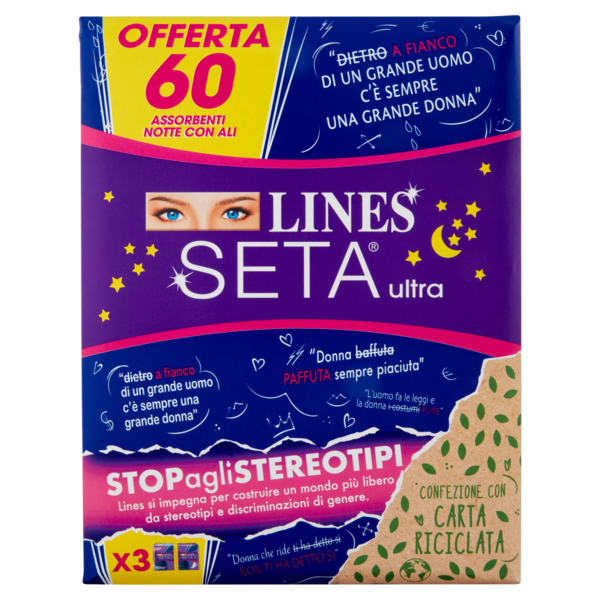 Lines Seta ultra Assorbenti Notte con Ali 60 pz