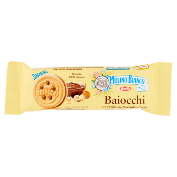 Mulino Bianco Baiocchi Biscotti Snack Farciti con Crema alla Nocciola e Cacao monoporzione 28g