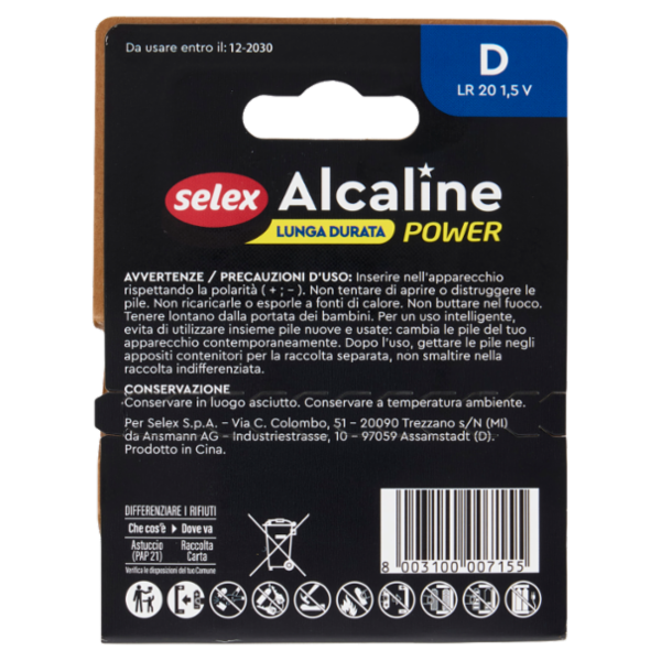 Selex Pile Alcaline Torcia D 1,5 V 2 pezzi