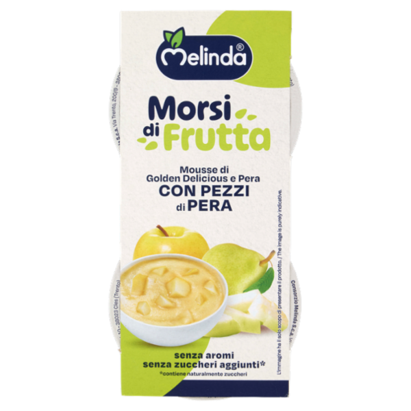 Melinda Morsi di Frutta Mousse di Golden Delicious e Pera con Pezzi di Pera 2 x 100 g