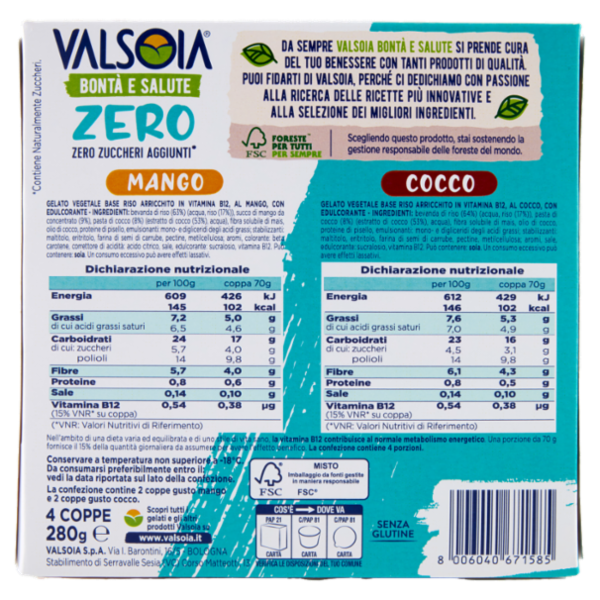 Valsoia Bontà e Salute Coppa Mango Cocco Zero Zuccheri Aggiunti* 4 x 70 g