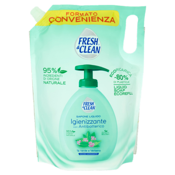 Fresh & Clean Sapone Liquido Igienizzante con Antibatterico Tè Verde e Verbena Ecoricarica 1000 ml