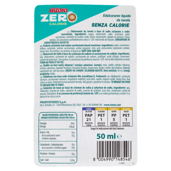 Ristora Zero Calorie Edulcorante liquido da tavola Senza Calorie 50 ml