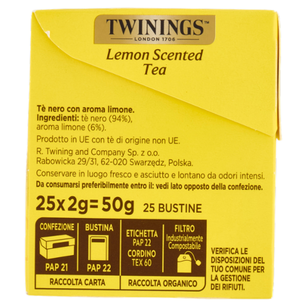 Twinings Lemon Scented Tea Tè Nero 25 filtri The 50 g