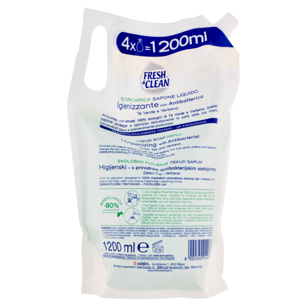 Fresh & Clean Crema Sapone Mani e Viso Igienizzante Tè Verde e Verbena ecoRicarica 1200 ml