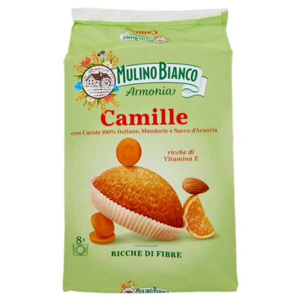 Mulino Bianco Armonia Camille Merenda Ricca di Fibre Carote Mandorle Succo d'Arancia 8 tortine 304g
