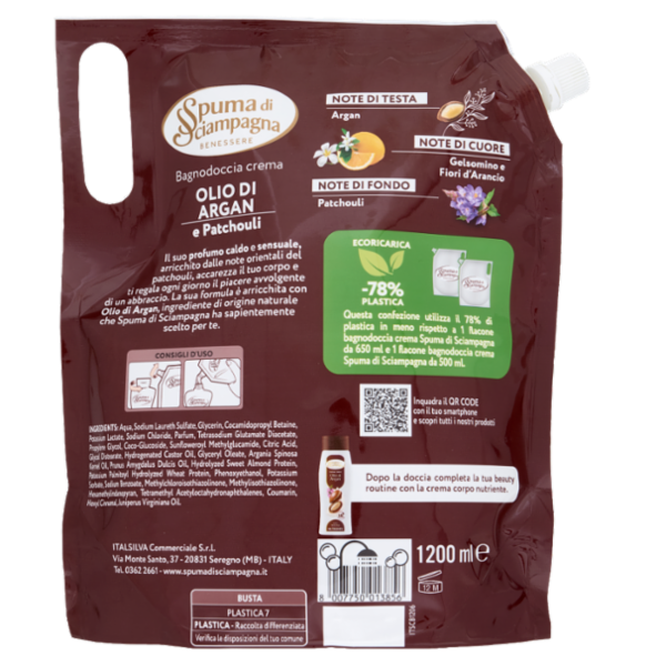 Spuma di Sciampagna Benessere Bagnodoccia crema Nutriente Olio di Argan e Patchouli Ecoric. 1200 ml